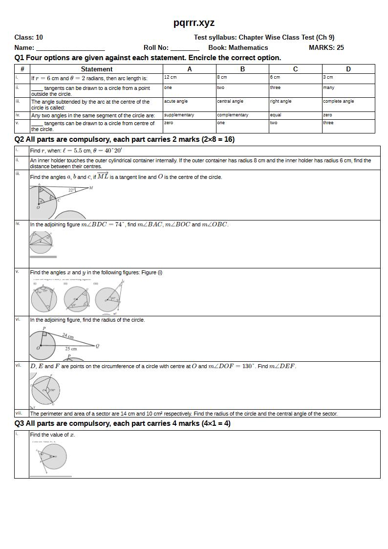 First page of 10th Mathematics – Chapter 9 – Tangent and Angles of a Circle – Chapter Wise Class Test, 25 marks (English)