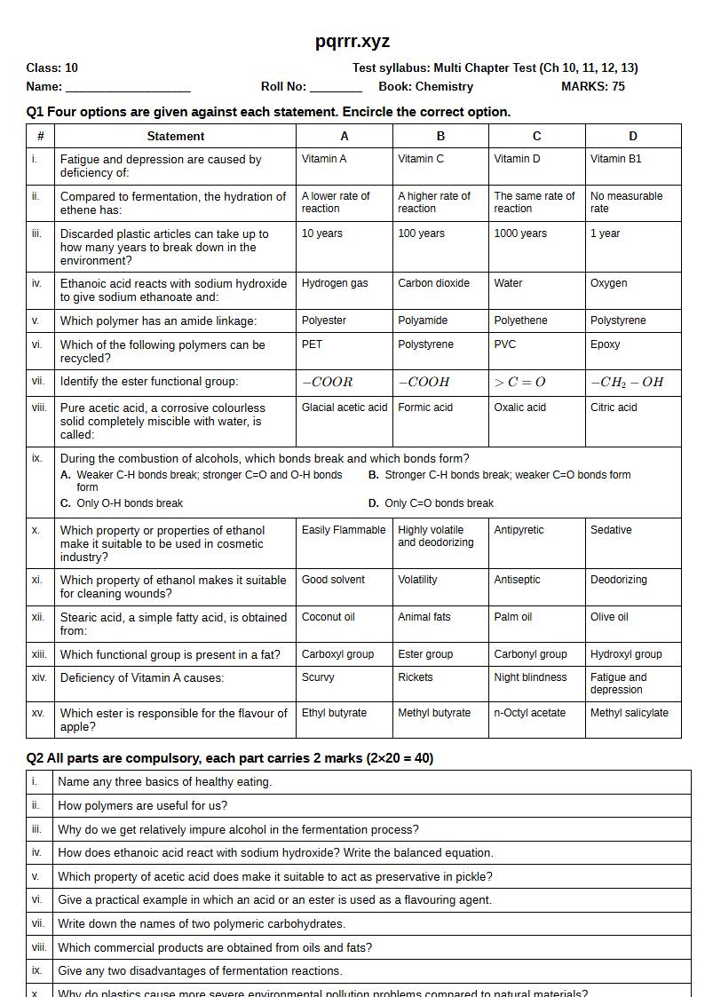 First page of 10th Chemistry – Chapters 10–13 – Multi Chapter Test, 75 marks (English)