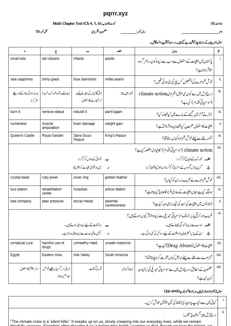 First page of 10th English – Chapters 4–6 – Multi Chapter Test, 70 marks (Urdu)