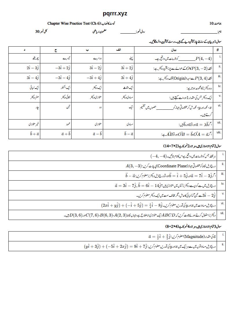 First page of 10th Mathematics – Chapter 6 – Vectors in Plane – Chapter Wise Practice Test, 30 marks (Urdu)