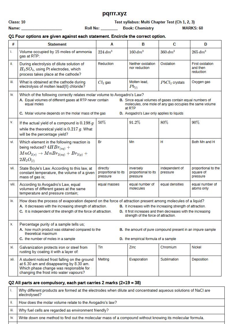First page of 10th Chemistry – Chapters 1–3 – Multi Chapter Test, 60 marks (English)