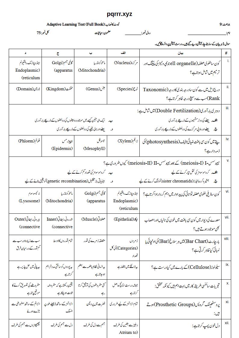 First page of 9th Biology – Complete book – Adaptive Learning Test, 75 marks (Urdu)