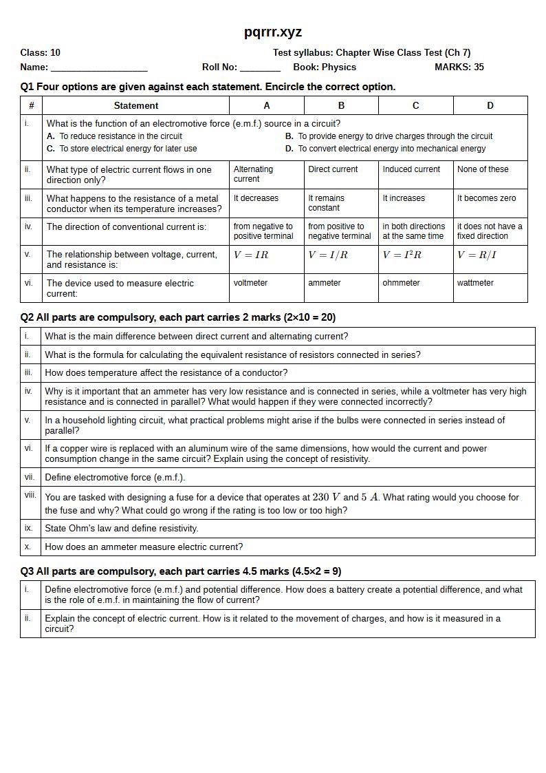 First page of 10th Physics – Chapter 7 – Electricity – Chapter Wise Class Test, 35 marks (English)