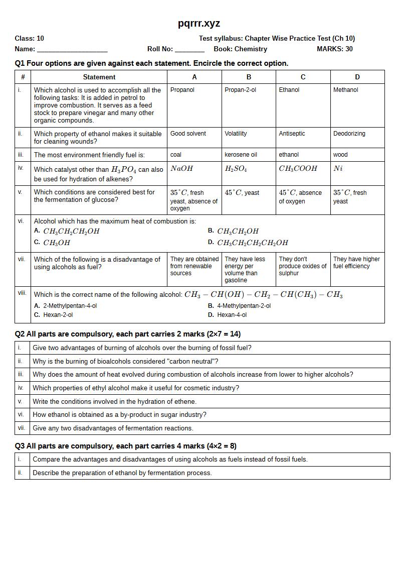 First page of 10th Chemistry – Chapter 10 – Monohydroxy Alkanes or Alcohols – Chapter Wise Practice Test, 30 marks (English)