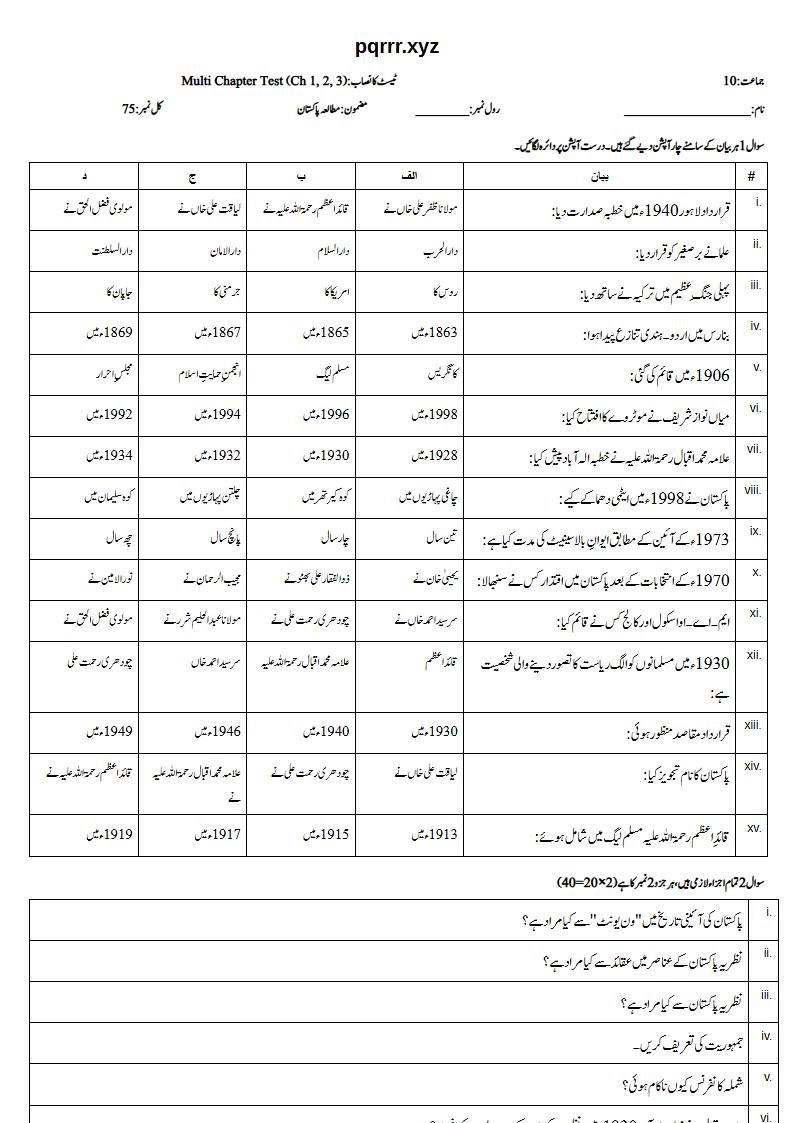 First page of 10th Pak Studies – Chapters 1–3 – Multi Chapter Test, 75 marks (Urdu)