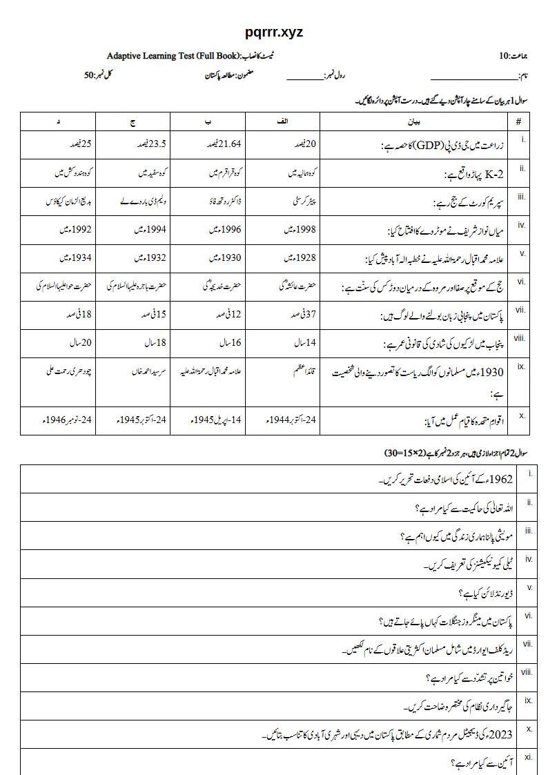 First page of 10th Pak Studies – Complete book – Adaptive Learning Test, 50 marks (Urdu)