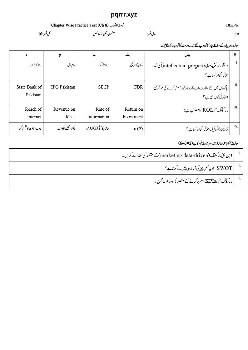 First page of 10th Computer Science – Chapter 8 – Digital Entrepreneurship – Chapter Wise Practice Test, 10 marks (Urdu)