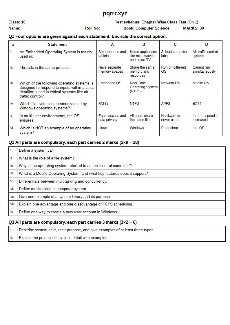 First page of 10th Computer Science – Chapter 1 – Operating Systems: Structure and Services – Chapter Wise Class Test, 30 marks (English)