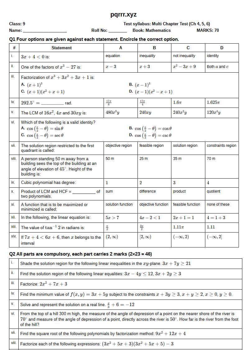 First page of 9th Mathematics – Chapters 4–6 – Multi Chapter Test, 70 marks (English)