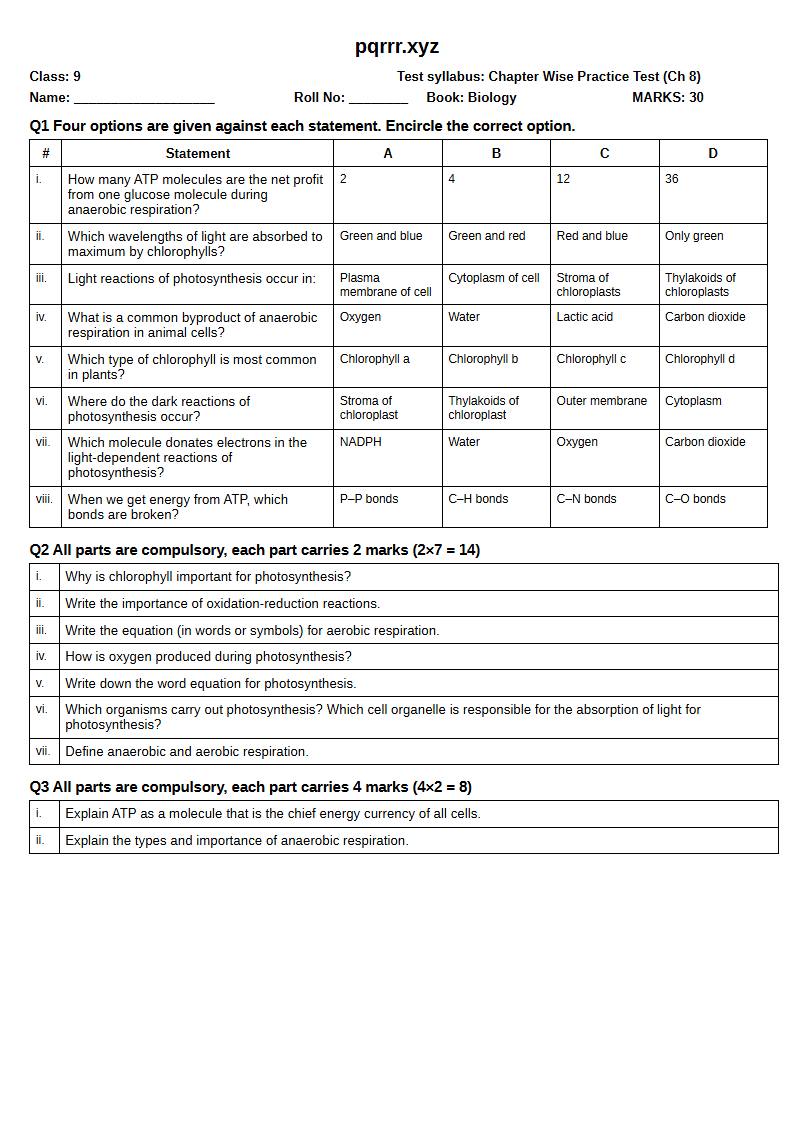 First page of 9th Biology – Chapter 8 – Bioenergetics – Chapter Wise Practice Test, 30 marks (English)