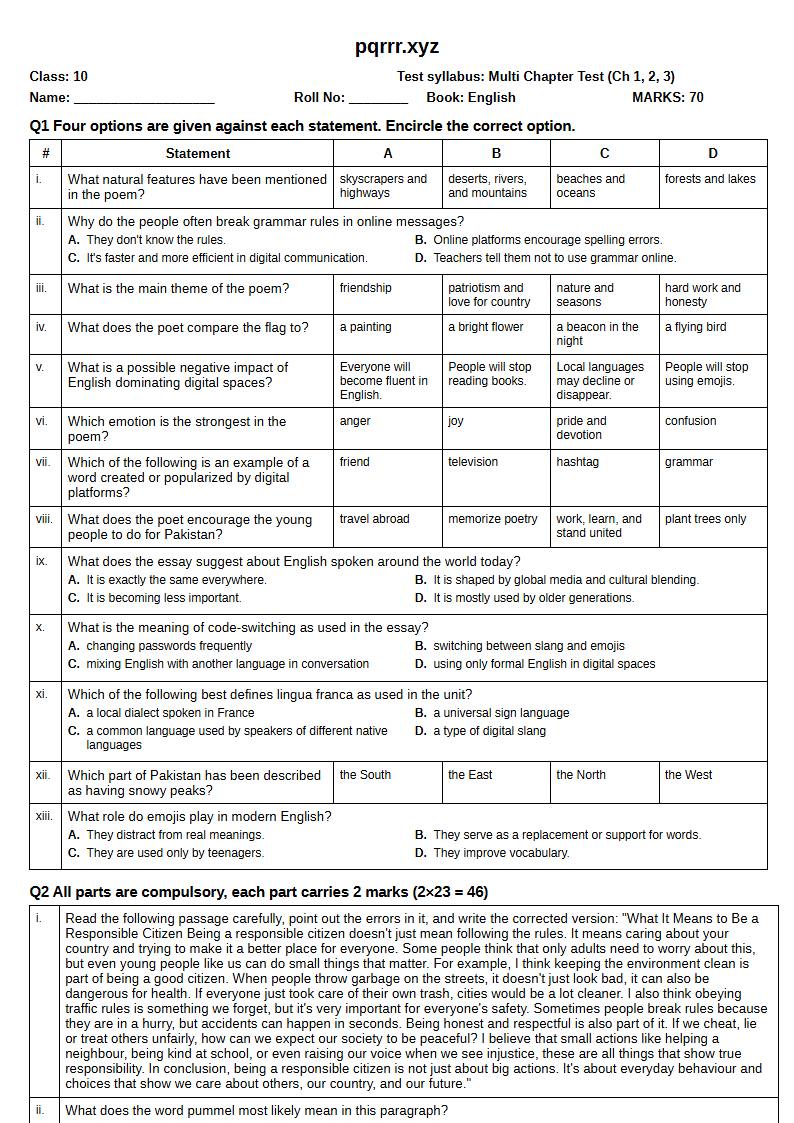 First page of 10th English – Chapters 1–3 – Multi Chapter Test, 70 marks (English)