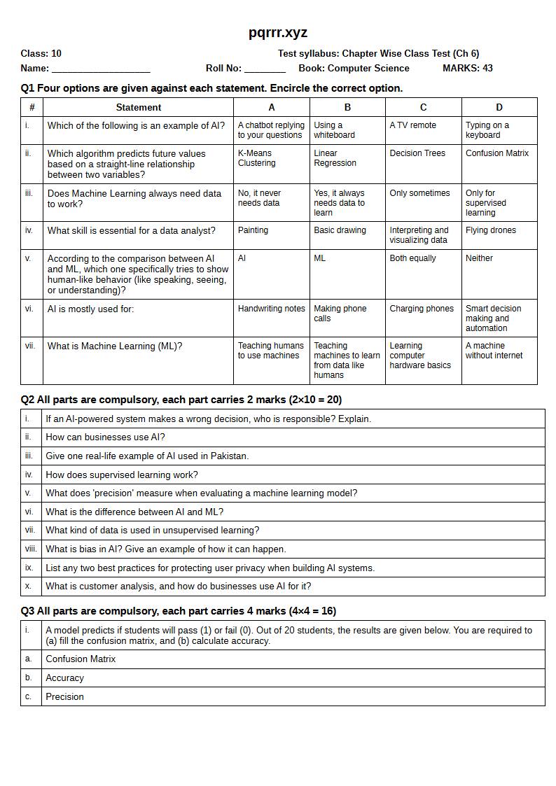 First page of 10th Computer Science – Chapter 6 – Introduction to Artificial Intelligence (AI) and Machine Learning (ML) – Chapter Wise Class Test, 35 marks (English)