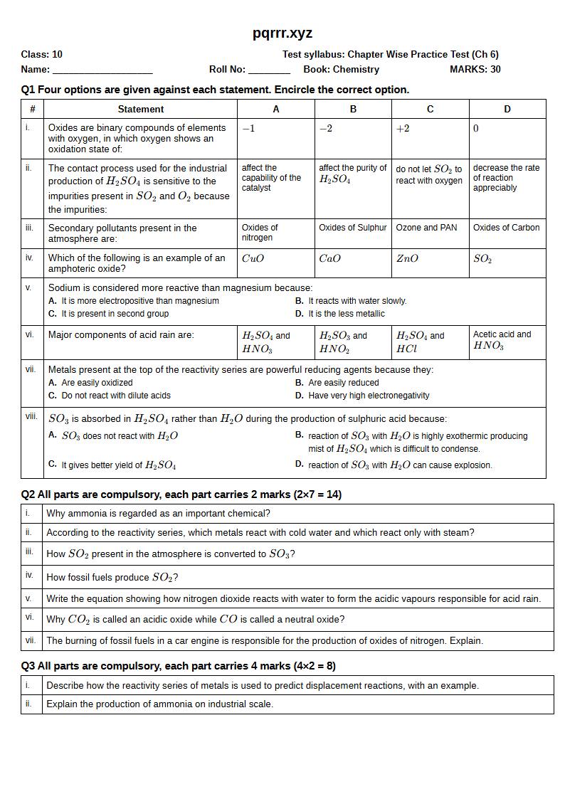 First page of 10th Chemistry – Chapter 6 – Nitrogen and Sulphur – Chapter Wise Practice Test, 30 marks (English)