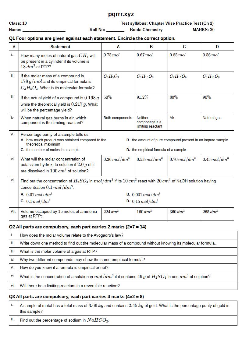 First page of 10th Chemistry – Chapter 2 – Stoichiometry – Chapter Wise Practice Test, 30 marks (English)