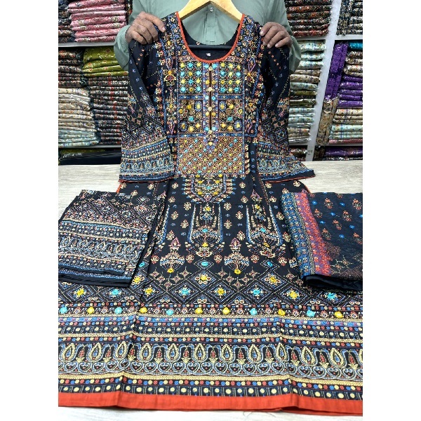 Slab Cotton Embroidery & Stone Work Threepieces - Slab Cotton Embroidery & Stone Work Threepieces Size: 36-46 Fabrics: Cotton Color: Black Work: Embro