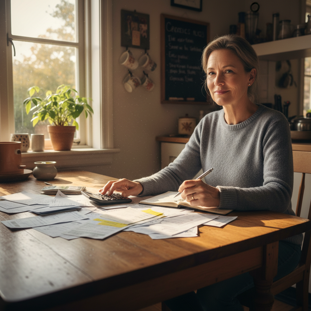 Thoughtful middle-aged person at a kitchen table reviewing bills and papers
