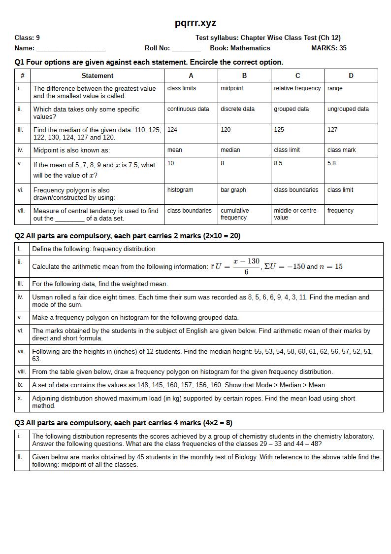 First page of 9th Mathematics – Chapter 12 – Information Handling – Chapter Wise Class Test, 35 marks (English)