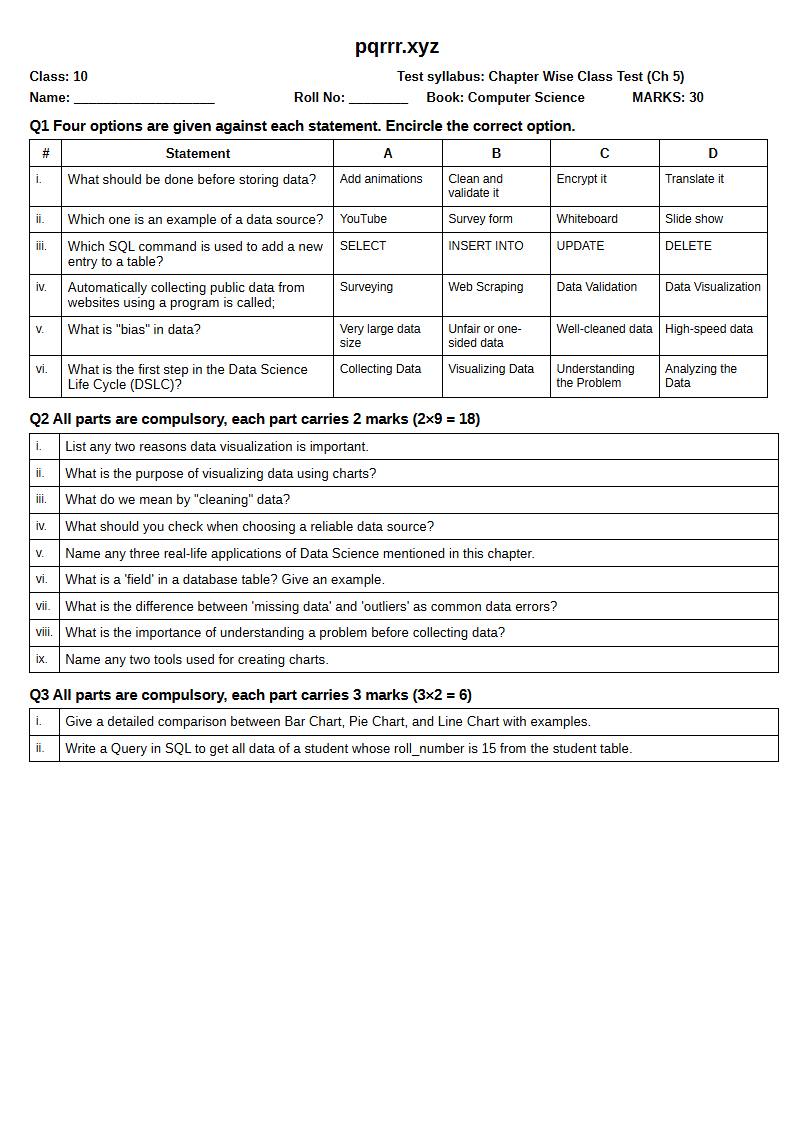 First page of 10th Computer Science – Chapter 5 – Introduction to Data Science – Chapter Wise Class Test, 30 marks (English)