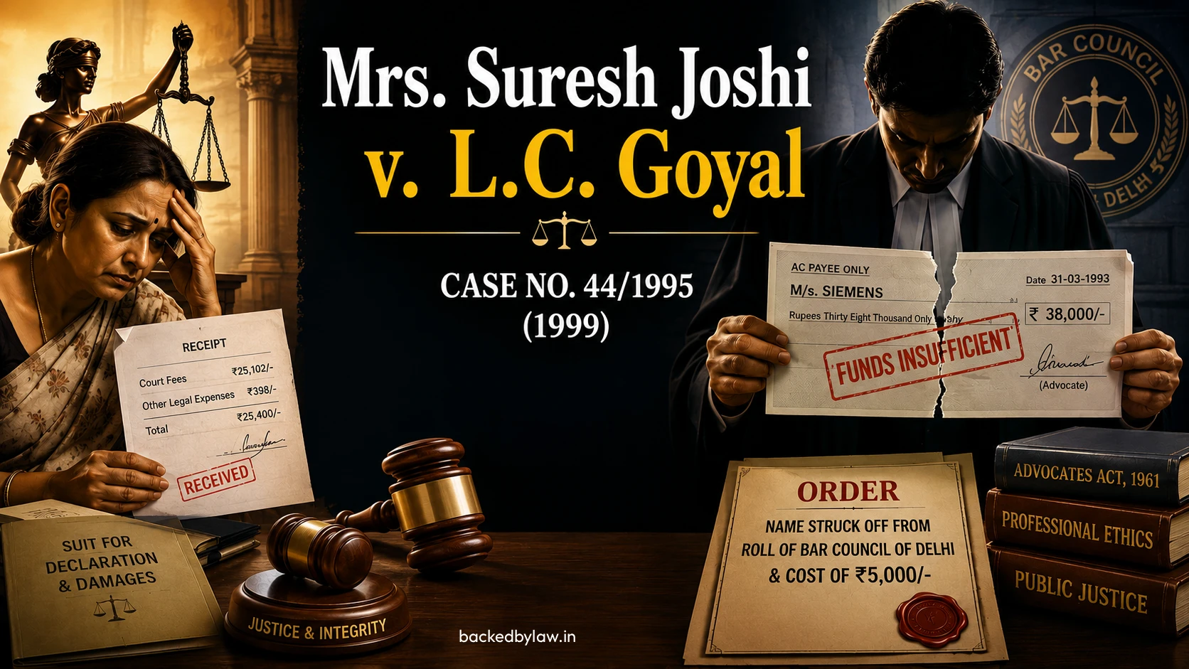 Learn the landmark case Mrs. Suresh Joshi v. L.C. Goyal (1999) on professional misconduct under Section 35 of the Advocates Act, 1961. Understand the facts, issues, BCI Disciplinary Committee findings, punishment, Supreme Court appeal, and its significance for legal ethics and advocate misconduct.