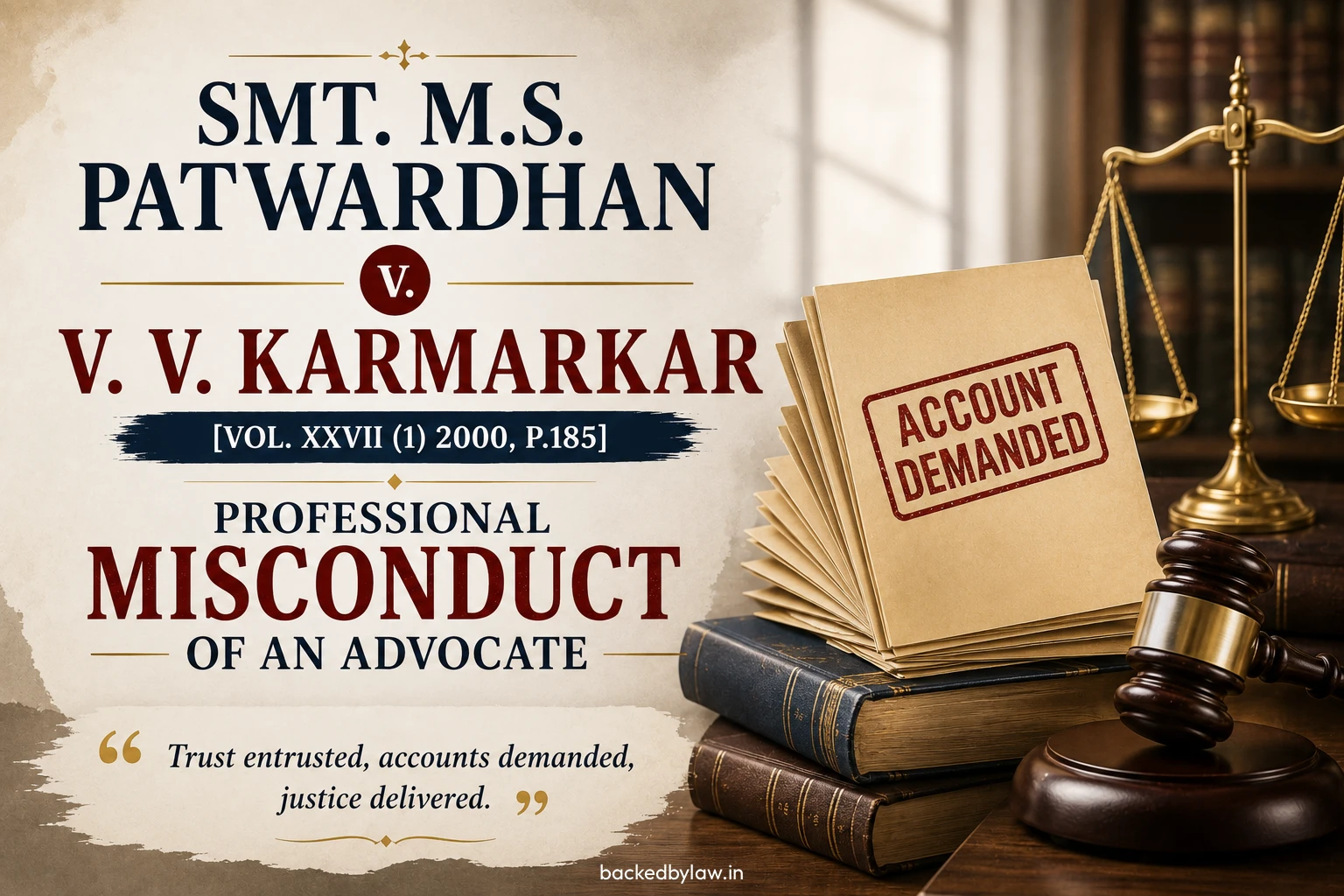 Smt. M.S. Patwardhan v. V. V. Karmarkar (Vol. XXVII (1) 2000, p.185) case summary explaining the facts, issues, findings, professional misconduct, and final decision of the Bar Council of India Disciplinary Committee. Useful for UGC NET Law, AIBE, Judiciary, LLB, and Professional Ethics.