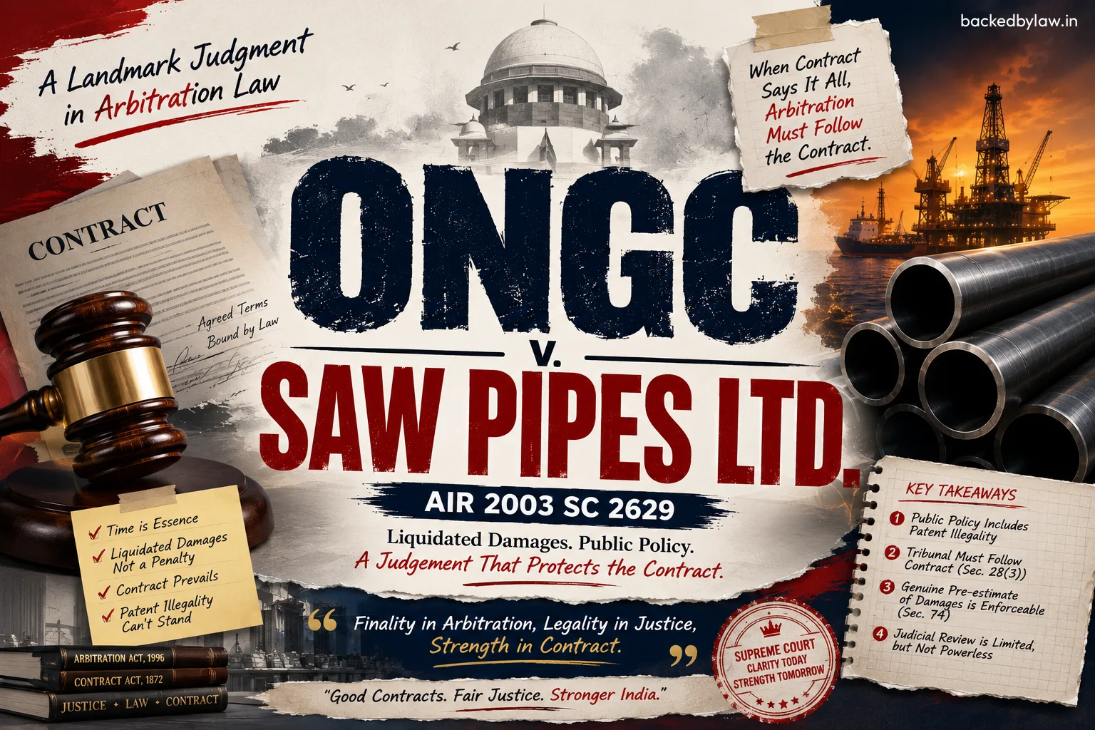 Read the complete case summary of ONGC v. SAW Pipes Ltd. (AIR 2003 SC 2629) covering facts, issues, judgment, ratio decidendi, and legal principles under the Arbitration and Conciliation Act, 1996.