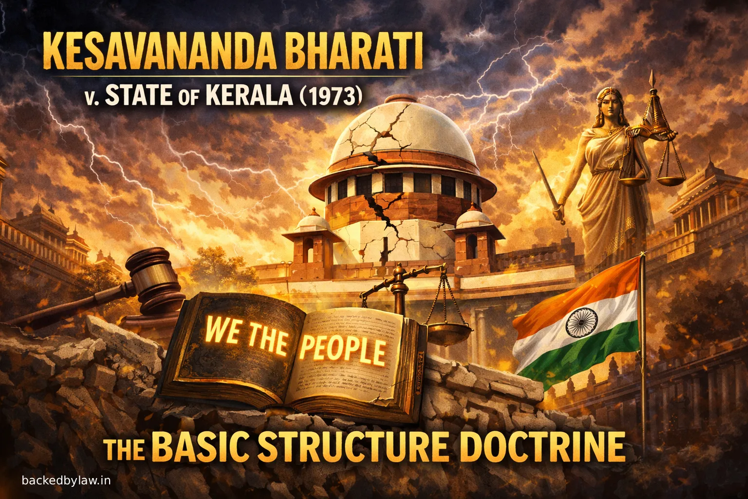 Explore the comprehensive summary of Kesavananda Bharati v. State of Kerala (1973). Learn about the 13-judge bench, the birth of the Basic Structure Doctrine, and how this landmark judgment limited Parliament's power to protect the soul of the Indian Constitution.