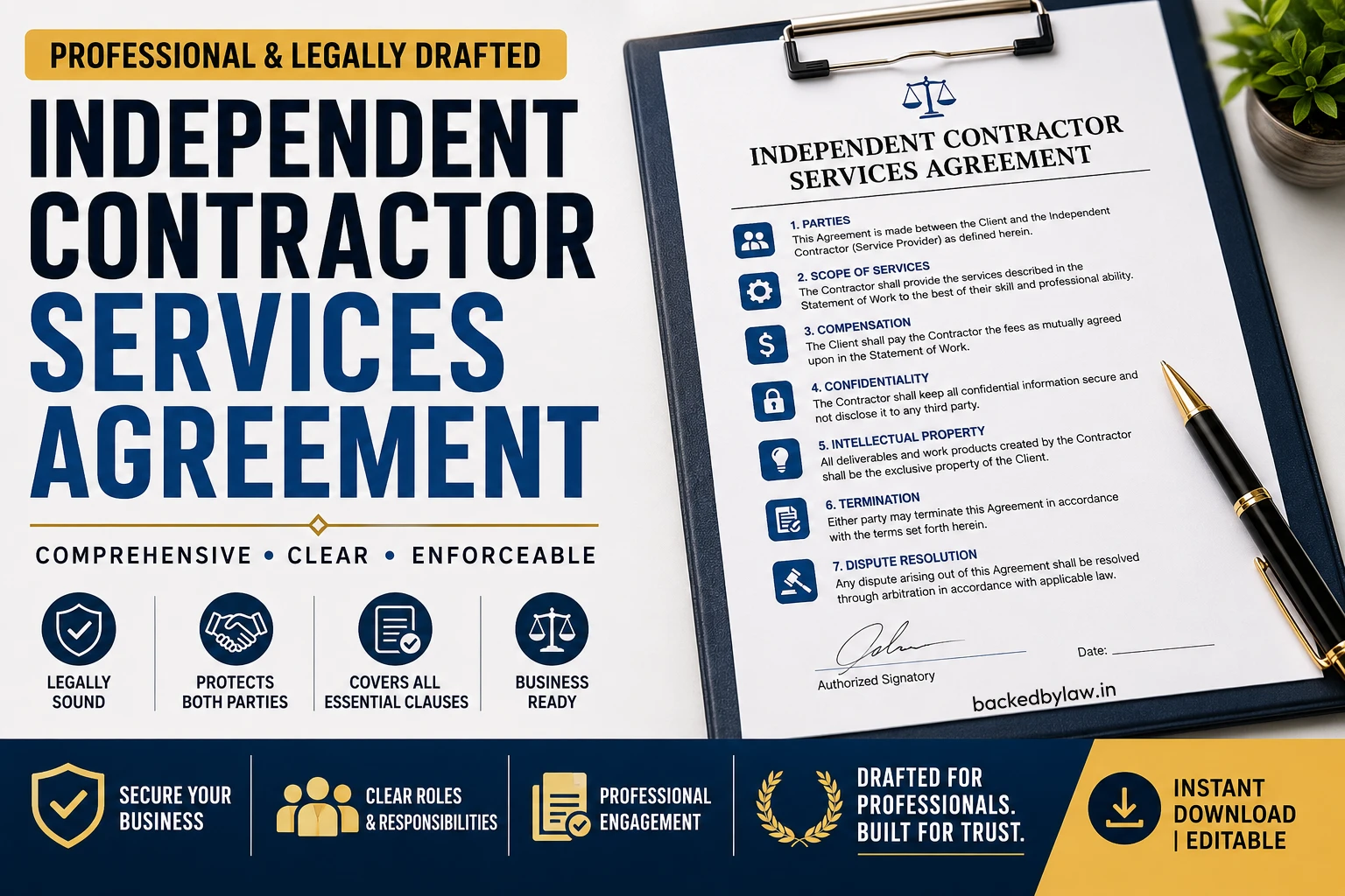 Understand a professionally drafted Independent Contractor Services Agreement designed for consultants, freelancers, service providers, and businesses. This comprehensive contract covers scope of services, payment terms, confidentiality, independent contractor status, and legal compliance. Includes essential clauses and FAQs for professional commercial engagements.