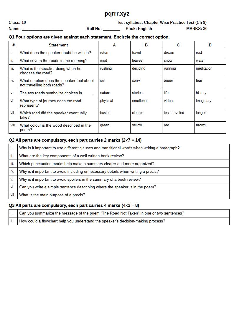 First page of 10th English – Chapter 9 – The Road Not Taken – Chapter Wise Practice Test, 30 marks (English)