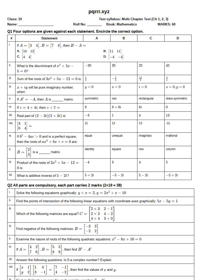 First page of 10th Mathematics – Chapters 1–3 – Multi Chapter Test, 60 marks (English)