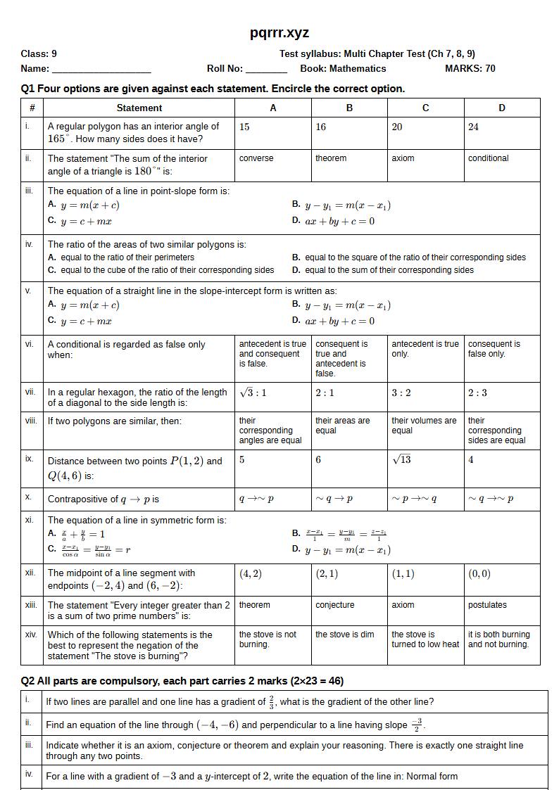 First page of 9th Mathematics – Chapters 7–9 – Multi Chapter Test, 70 marks (English)