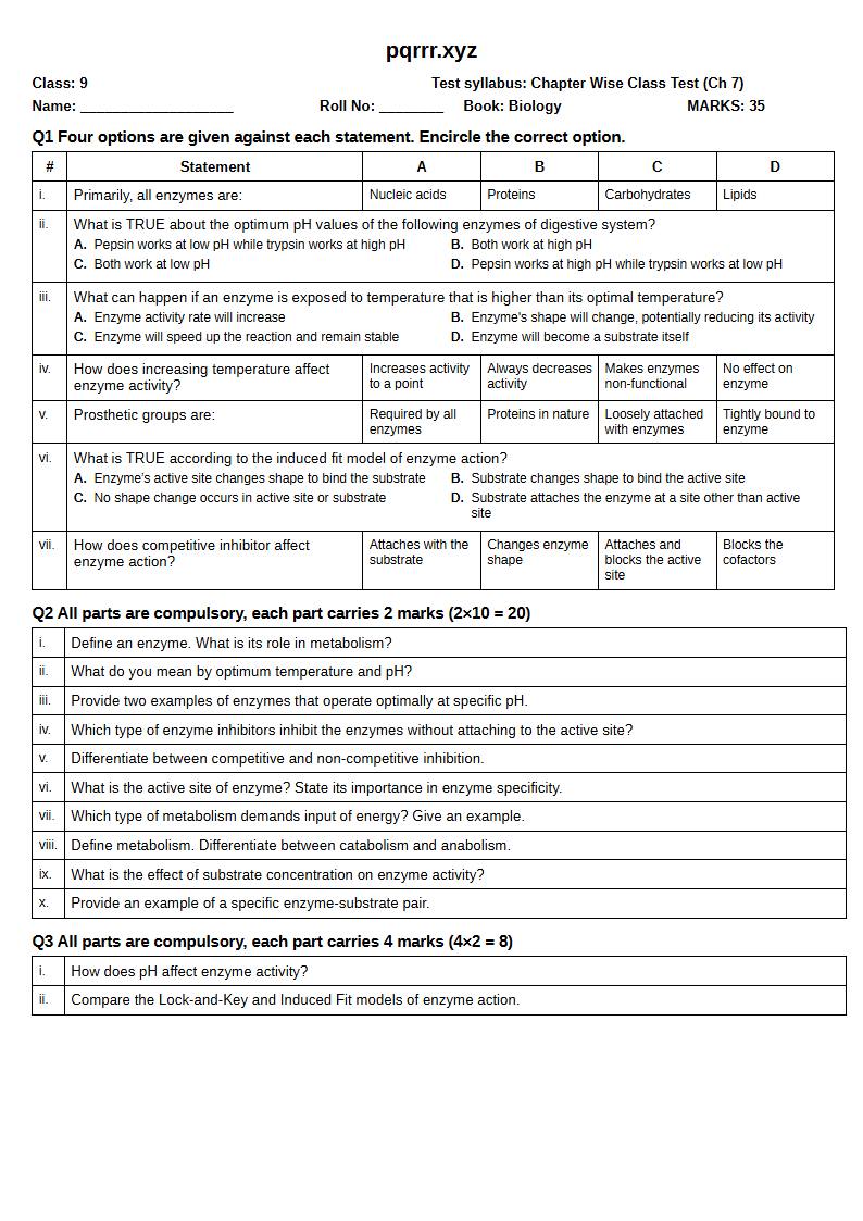 First page of 9th Biology – Chapter 7 – Enzymes – Chapter Wise Class Test, 35 marks (English)