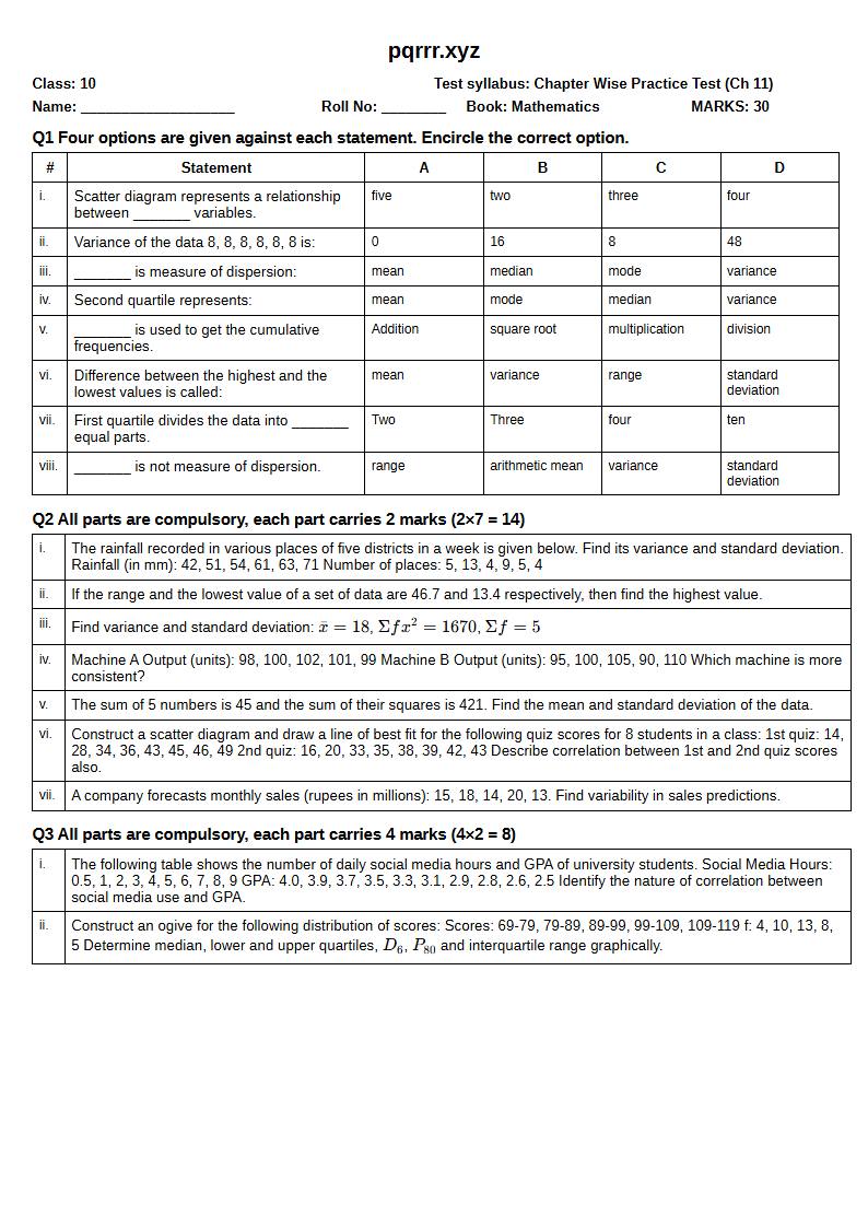 First page of 10th Mathematics – Chapter 11 – Information Handling – Chapter Wise Practice Test, 30 marks (English)