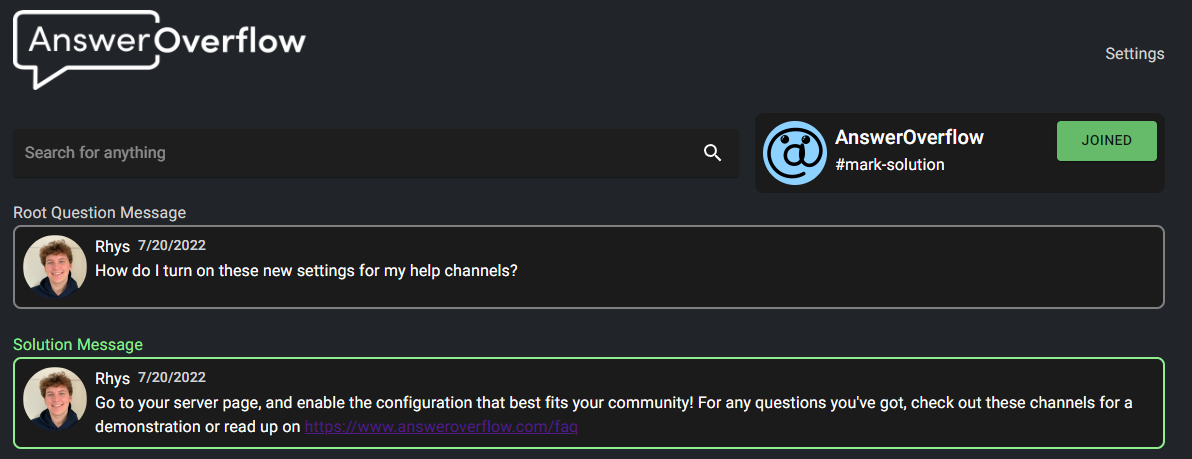 Two messages displayed on AnswerOverflow. The first message is marked as the root message and highlighted in gray, the second message is marked as the solution message and highlighted in green