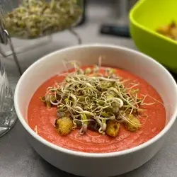 Rode bieten kokosroomsoep met croutons en kiemen