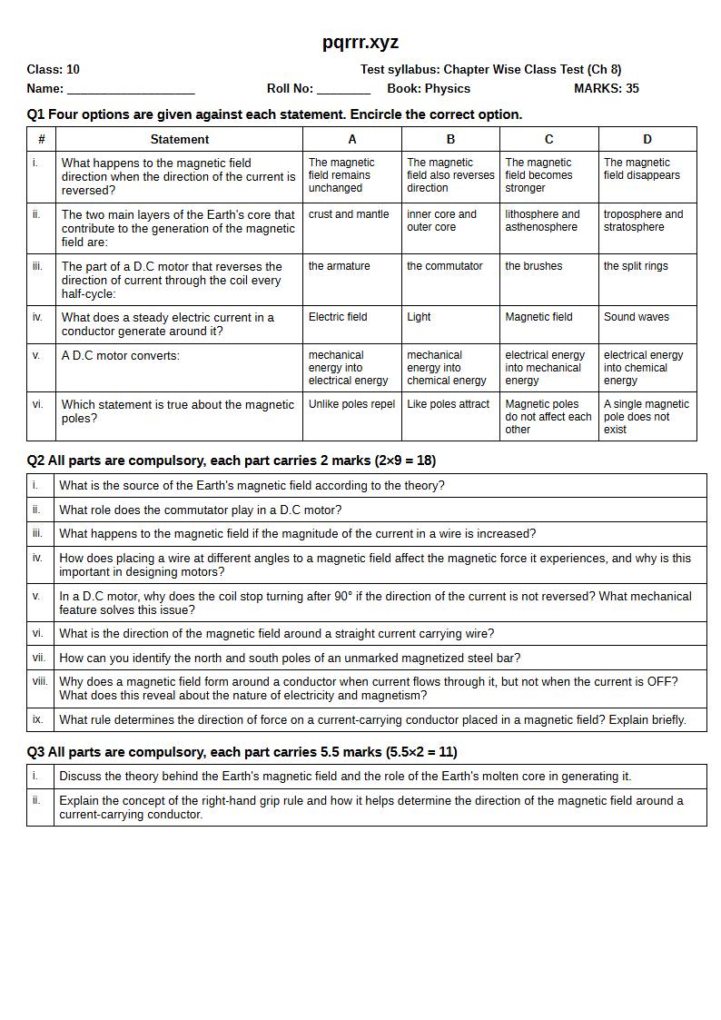 First page of 10th Physics – Chapter 8 – Electromagnetism – Chapter Wise Class Test, 35 marks (English)