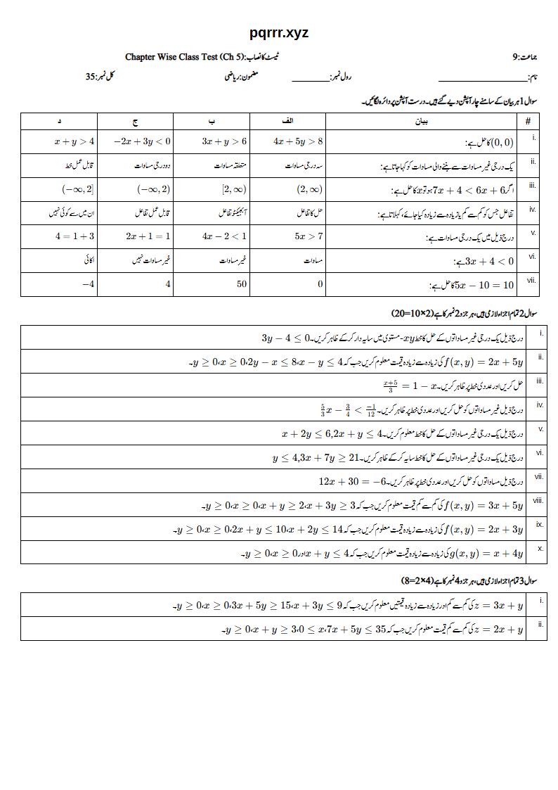 First page of 9th Mathematics – Chapter 5 – Linear Equations and Inequalities – Chapter Wise Class Test, 35 marks (Urdu)