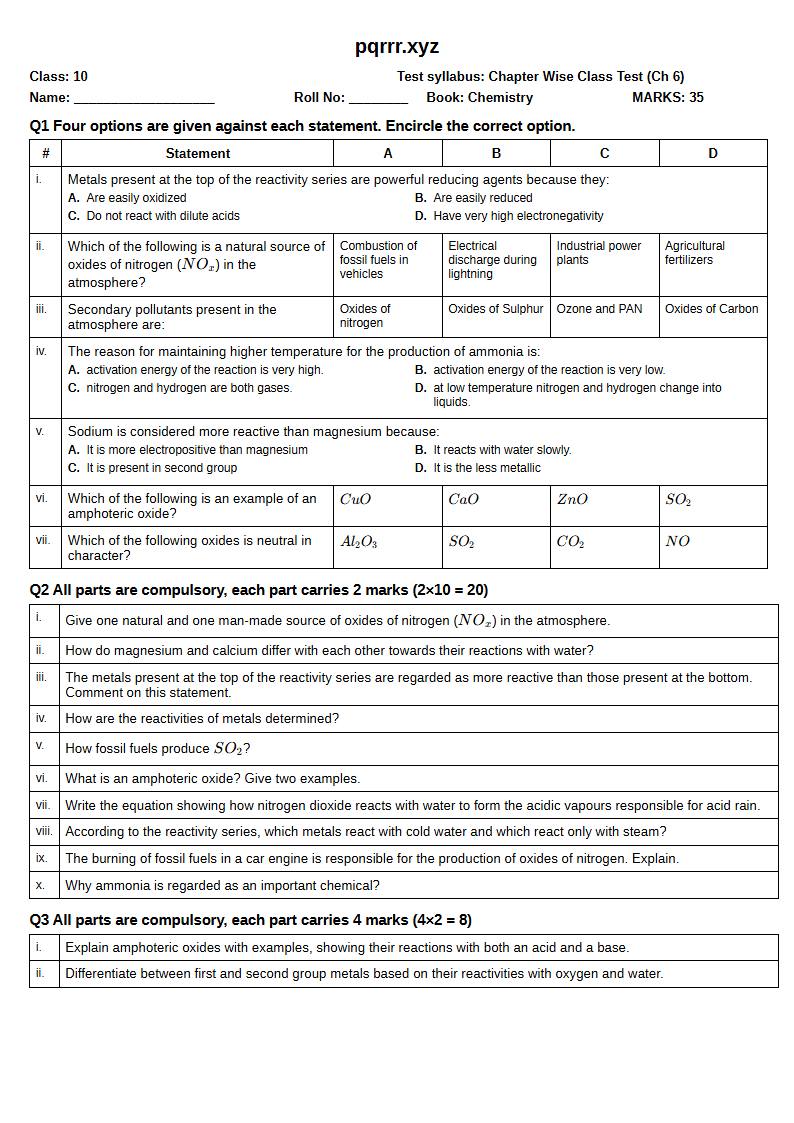 First page of 10th Chemistry – Chapter 6 – Nitrogen and Sulphur – Chapter Wise Class Test, 35 marks (English)