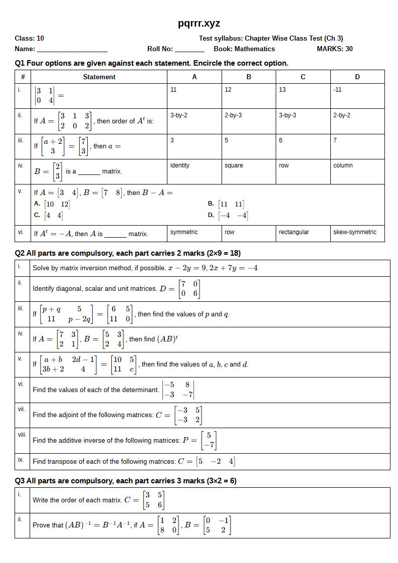First page of 10th Mathematics – Chapter 3 – Matrices and Determinants – Chapter Wise Class Test, 30 marks (English)