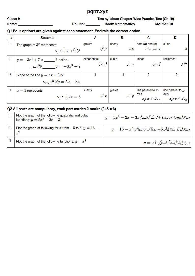 First page of 9th Mathematics – Chapter 10 – Graphs of Functions – Chapter Wise Practice Test, 10 marks (English + Urdu)
