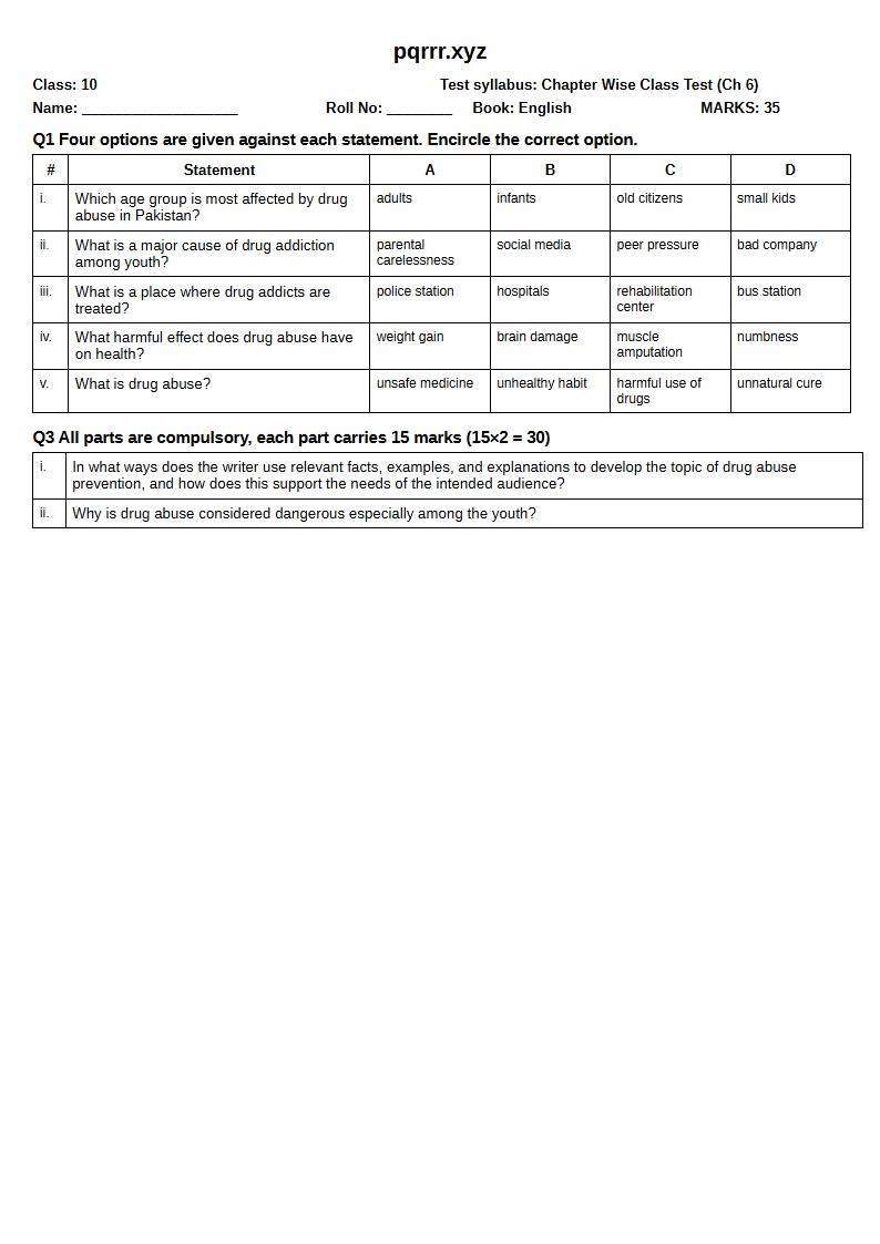 First page of 10th English – Chapter 6 – Drug Abuse – Chapter Wise Class Test, 35 marks (English)