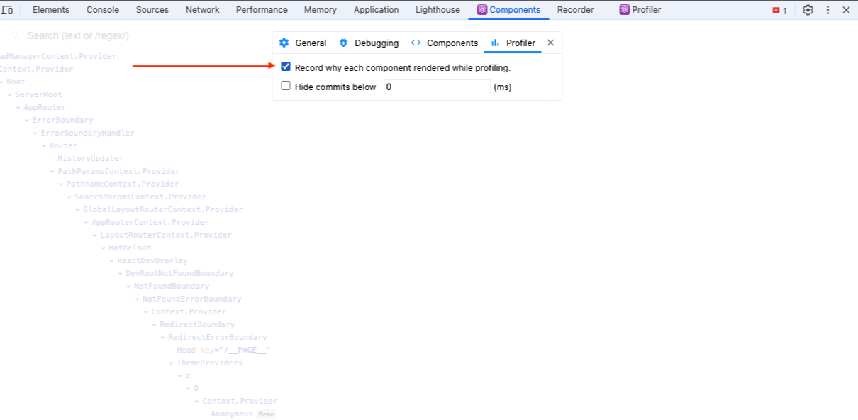 启用 “Record why each component rendered” 选项