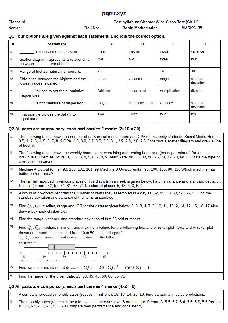 First page of 10th Mathematics – Chapter 11 – Information Handling – Chapter Wise Class Test, 35 marks (English)