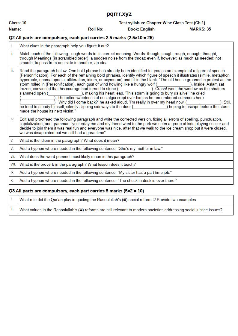 First page of 10th English – Chapter 1 – Hazrat Muhammad's (ﷺ) Social Reforms for the Rights of Women, Orphans and Slaves – Chapter Wise Class Test, 35 marks (English)