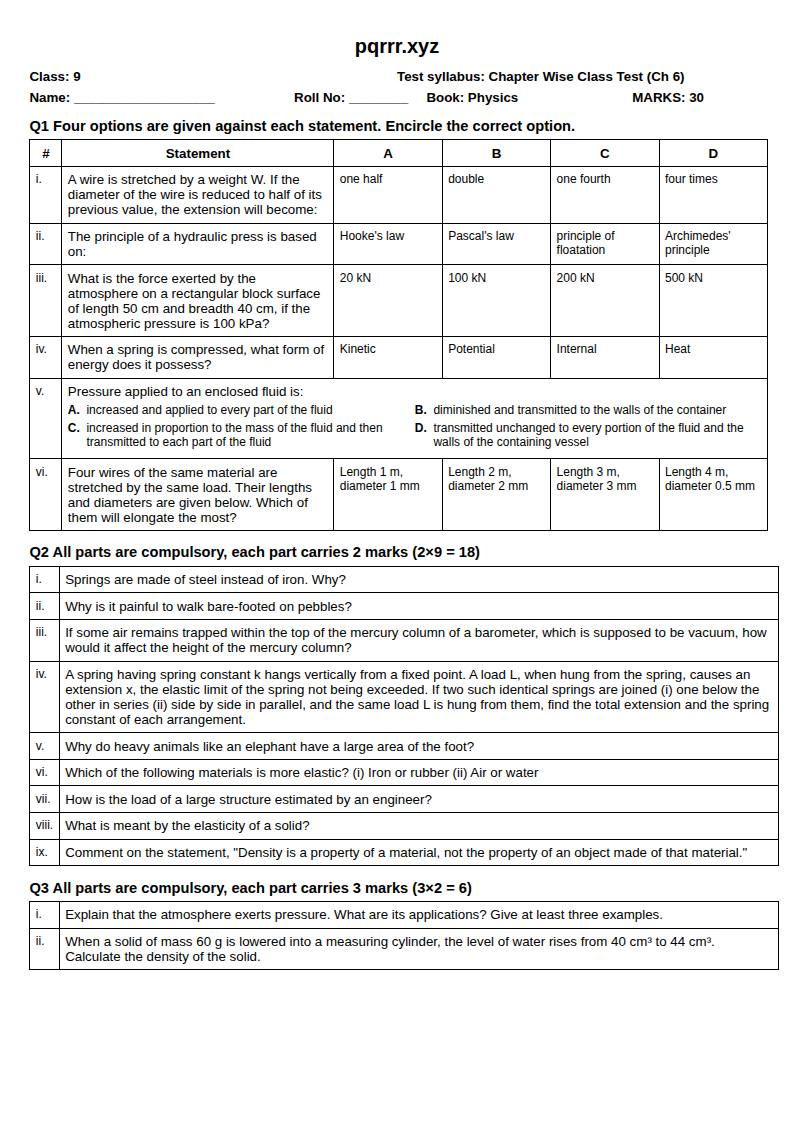 First page of 9th Physics – Chapter 6 – Mechanical Properties of Matter – Chapter Wise Class Test, 30 marks (English)