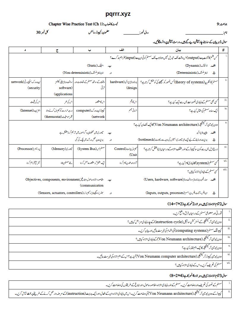 First page of 9th Computer Science – Chapter 1 – Computer System – Chapter Wise Practice Test, 30 marks (Urdu)