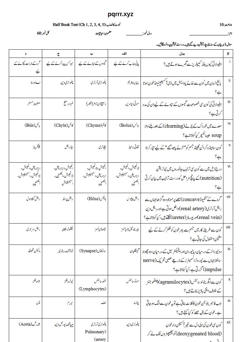 First page of 10th Biology – Half book (Chapters 1–5) – Half Book Test, 60 marks (Urdu)