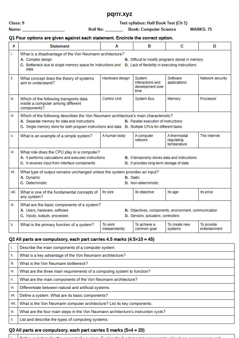 First page of 9th Computer Science – Half book (Chapters 1) – Half Book Test, 75 marks (English)