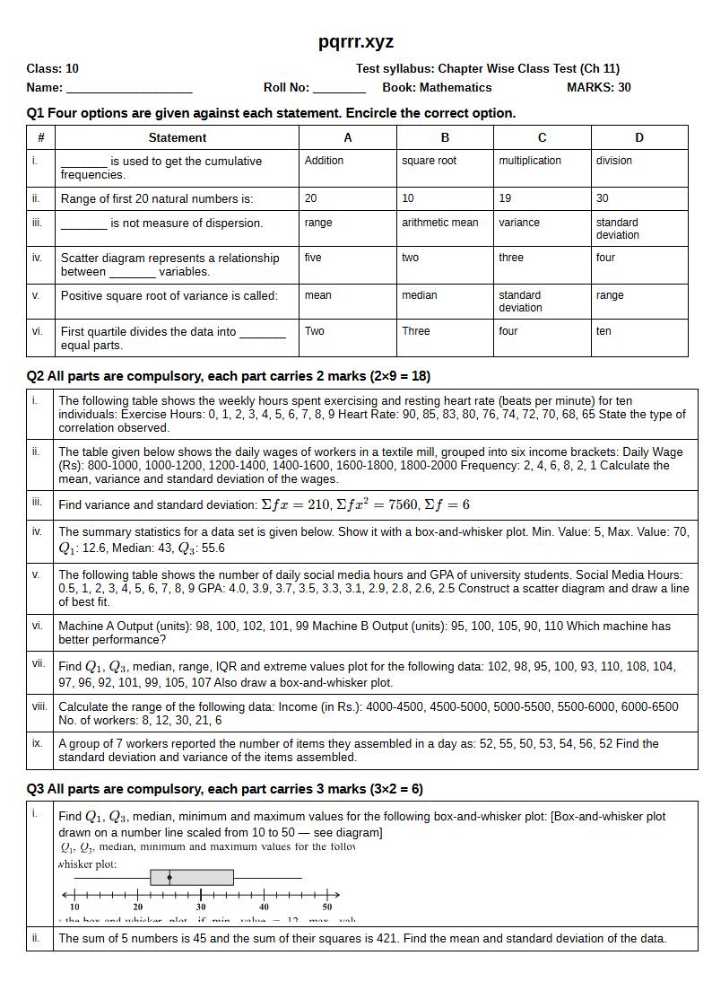 First page of 10th Mathematics – Chapter 11 – Information Handling – Chapter Wise Class Test, 30 marks (English)