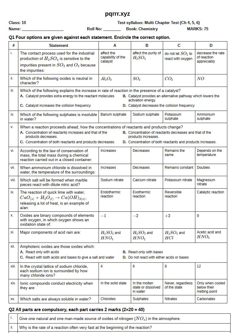 First page of 10th Chemistry – Chapters 4–6 – Multi Chapter Test, 75 marks (English)