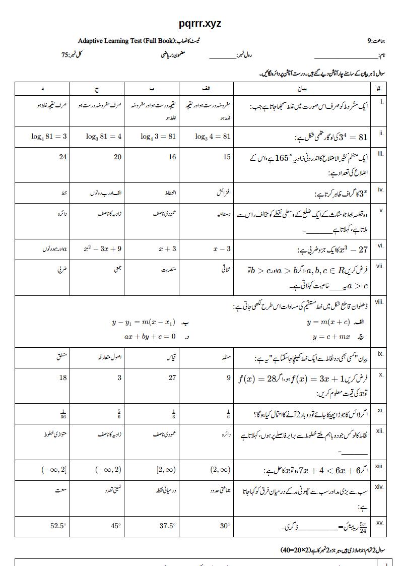 First page of 9th Mathematics – Complete book – Adaptive Learning Test, 75 marks (Urdu)